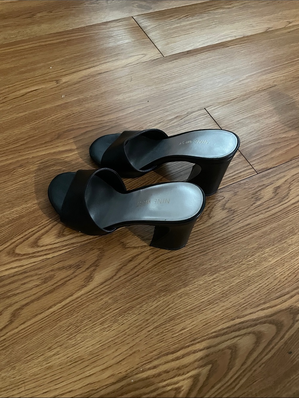 Nine West Black Wide Strap Block Heel Slides